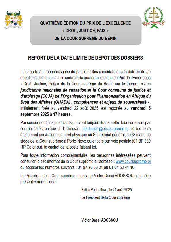 COMMUNIQUE REPORT DATE DE DEPOT DES CONTRIBUTIONS 1 001